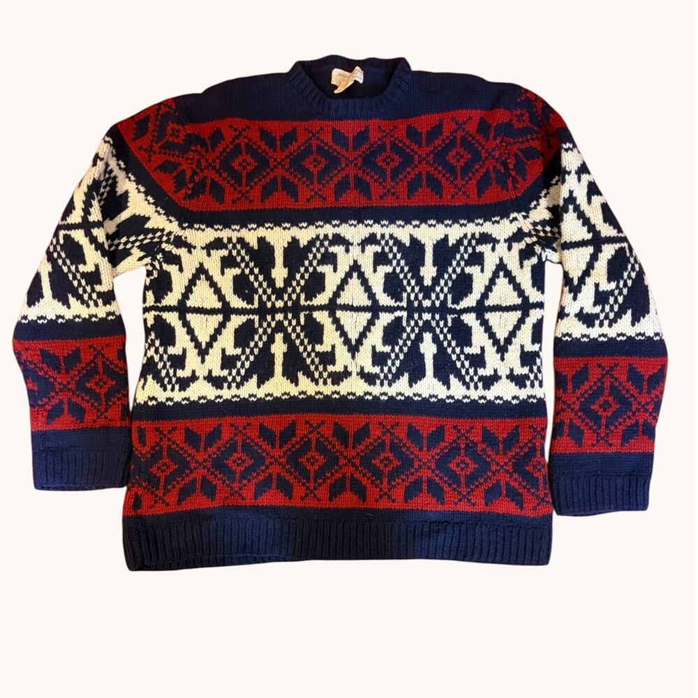 AMERICAN EAGLE Vintage Men's Fair Isle 100% Lambswool Sweater LARGE Navy Red